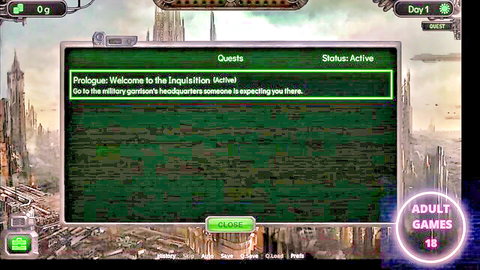 Sci-fi hentai game prologue screen for inquisition quests at military headquarters