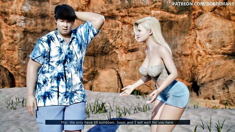 Blonde cheating wife Mia in sparkly top and shorts waits outdoors with chubby Asian Isaac