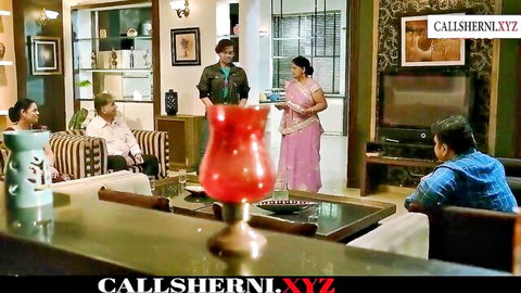 Indian bhabhi in saree seduces devar in family living room scene