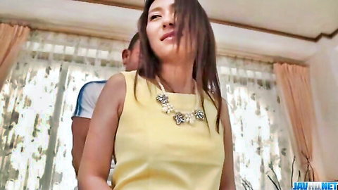 Maya Kato in yellow dress, intimate moment with man in JAV scene