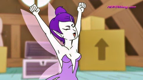 Excited purple fairy shemale in skimpy purple outfit, arms raised, 3D hentai fantasy