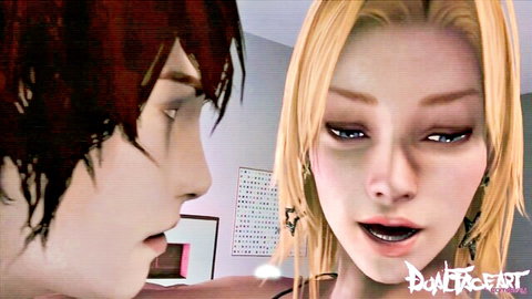 Animated blonde woman and red-haired man in intimate close-up faceoff