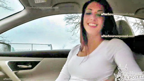 Mary Beth Haglin smiling in car near park, wet for outdoor fuck