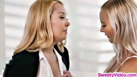 Blonde lesbian teacher in suit faces off with student in intimate closeup