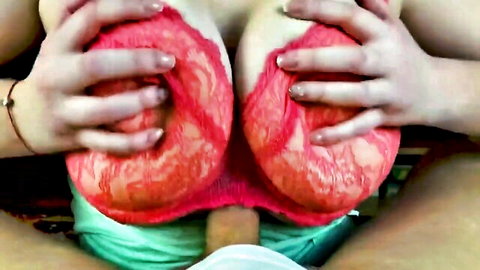 ComerZ POV close-up tits fuck in red lace bra, amateur girlfriend titjob