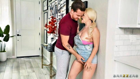 Blonde bombshell with big tits and bubble butt fingered in denim overalls by stud