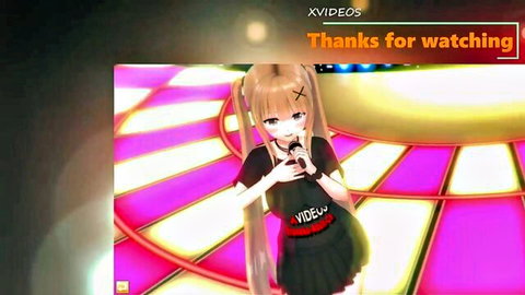 Orange-haired anime girl in black skirt and top on pink stage with microphone