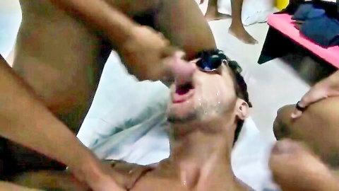 Amateur multiracial gay group sex with Latino man receiving facial cumshot