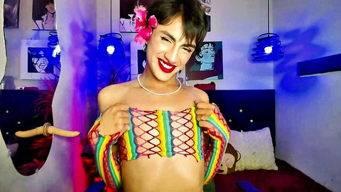 Bellatriixx sissy exposing small tits in colorful mesh top, foot fetish JOI