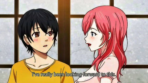 Pink-haired anime girl eagerly anticipates intimate moment with black-haired boy in hentai