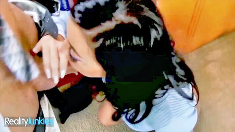 Whitney Wright kneels swallowing older man's hard cock in intense blowjob