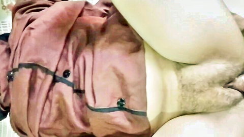 POV close-up of curvy hijab wife's bushy pussy exposed in open coat, legs spread