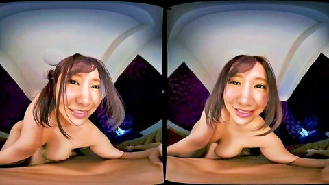 Busty Asian MILF nude VR pose on all fours smiling