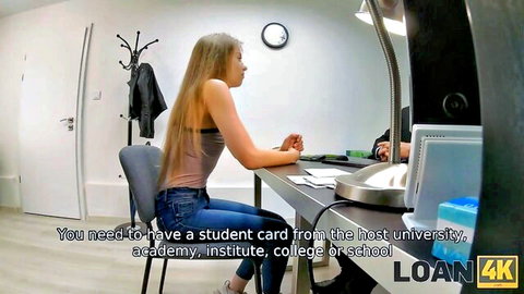 Bonnie Dolce in student loan office audition, petite blonde at desk