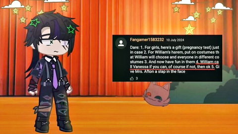 Anime Afton male in suit with cat mascot in daring challenge scene