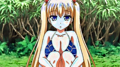 Blonde anime girl with massive tits in skimpy blue bikini teasing on beach