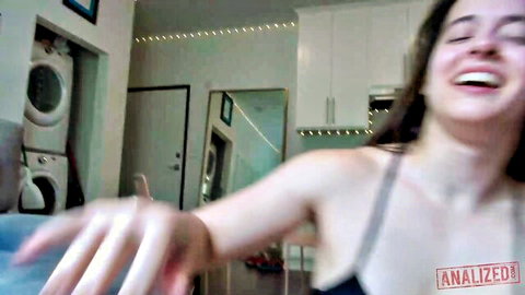 Abbie Maley smiling seductively in tight ass anal scene with James Deen