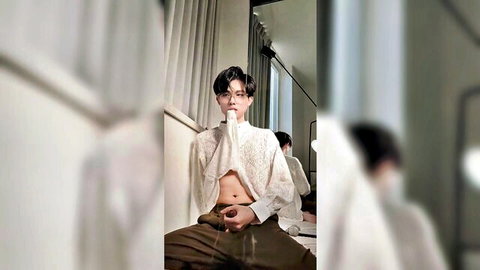 ShyboyInker in open lace shirt, abs exposed, teasing bulge in suit pants