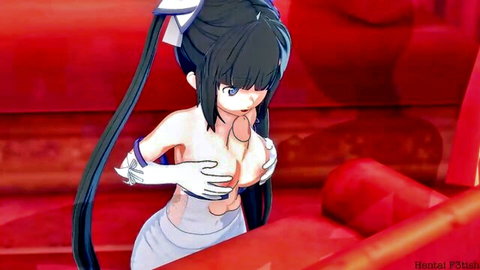 Hentai teen Hestia topless fondling large breasts with tongue out