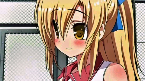 Blonde hentai tennis girl blushing in red and white uniform on court