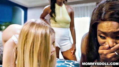 Blonde Ana on all fours as Coco and ebony Mocha join in steamy threesome apology