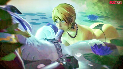 Mipha deepthroats Link's hard cock in explicit Zelda CGI parody pond blowjob