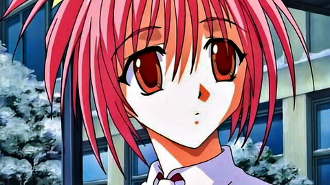 Cute pink-haired anime hentai schoolgirl with red eyes pouting seductively by snowy classroom window