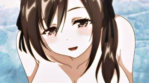 Busty tsundere princess smiling coyly with wet hair and cleavage in hentai