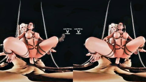 Two busty blondes in BDSM harnesses chained up spreading pussies and big tits in VR view