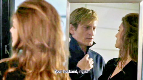 Wife stares at mirror reflection of man and woman confirming 'Your husband, right?' in tense cheating scene