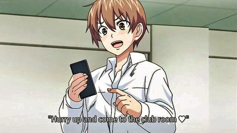 Excited anime schoolboy texting club room invite in hentai with sporty teen