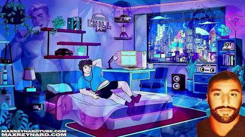 Shirtless blue-haired guy lounging nude in cyberpunk bedroom scene