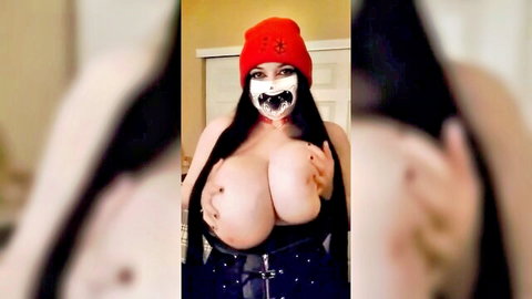 Masked goth MILF reveals massive perfect boobs in red beanie