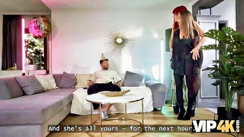 Michael Fly with redhead in sexy black dress on VIP4K couch