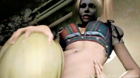 3D Harley Quinn futa in revealing cosplay holding watermelon seductively