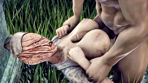 Muscular man breeds bandaged Silent Hill nurse doggy style outdoors