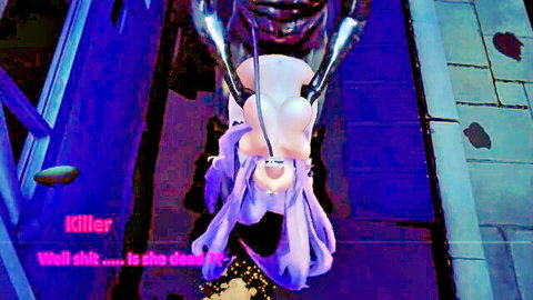 Purple-haired anime girl captured, suspended upside down, big tits exposed in hentai bondage