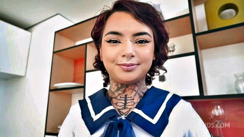 Petite Brazilian cutie Annie Clementina in tattooed schoolgirl uniform