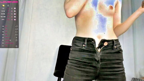 Skinny pale teen findhottie showing small boobs topless in unbuttoned jeans