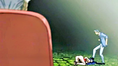Anime-style domination: suited man steps on submissive woman's bare ass in humiliating pose