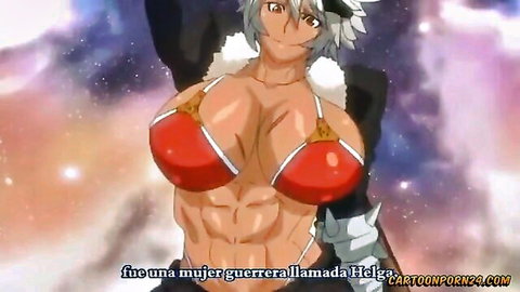 Muscular silver-haired anime warrior Helga with massive heaving tits in skimpy red bikini
