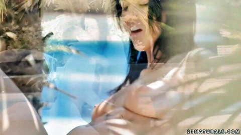 Gorgeous brunette fucked by pool, cum on ass outdoor sex