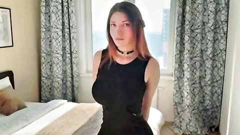 Seductive redhead teen stepsister in tight black dress and choker