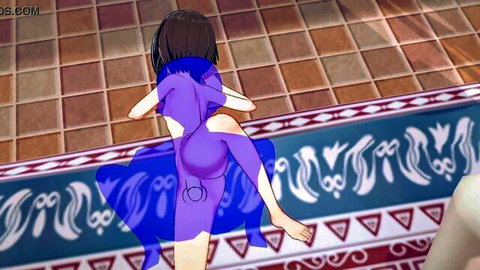 Megumin from KonoSuba in purple outfit, bent over showing ass in anime hentai
