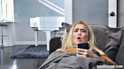 Blonde step sister masturbates with phone while brother watches taboo scene