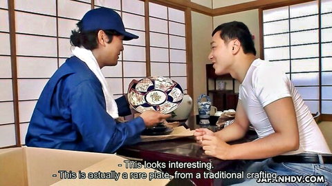Asian men in uniform discuss rare traditional plate in JAV roleplay scene
