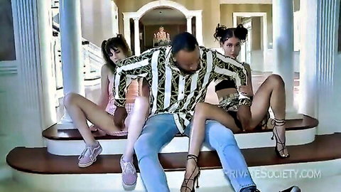 Ryder Rey and friend in sexy outfits seduce man on steps, threesome tease