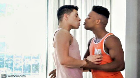 Cute boyfriend kissing BBC hunk passionately in tank tops