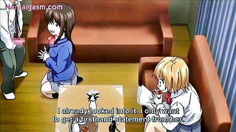Brunette hentai schoolgirl in sailor uniform kneels surprised before blonde friend reading statement on couch