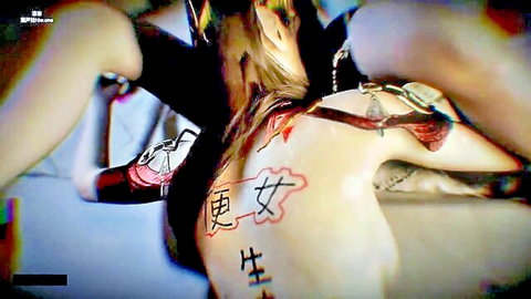 Blonde with '英國現世' back tattoo handcuffed as naked women spread pussies in BDSM orgy